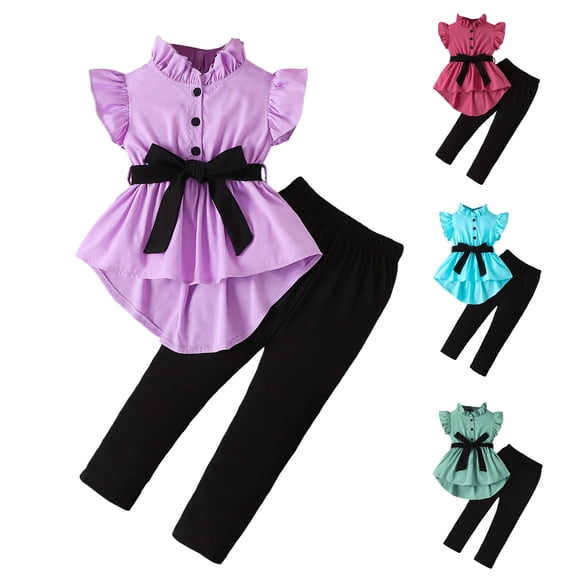 Pandaie 1-6T Toddler Girl Clothes Kids Bow Belt Formal Dress Suit Smocked Ruffle Sleeveless Shirt Leggings Pants Outfit Set Blue