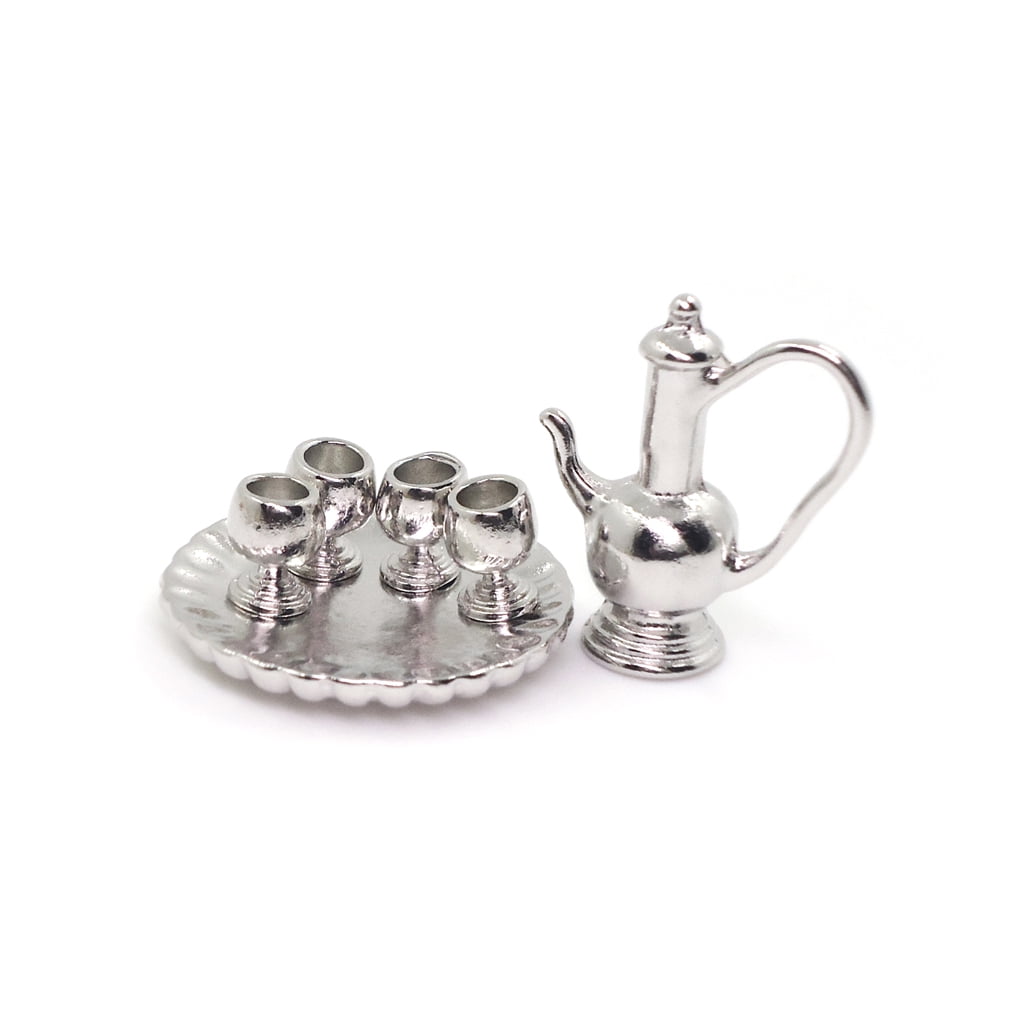 1/12 Dollhouse Miniatures 6pcs Silver Metal Kitchen Coffee Tea Pot Tray Set