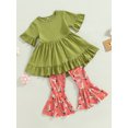 thumbnail image 3 of Pudcoco Ensemble Pantalon Long pour Tout-Petits Filles Été, Hauts à Manches Courtes Col Ras du Cou et Bottes Florales/pantalon Évasé à Imprimé Bétail, 3 of 9