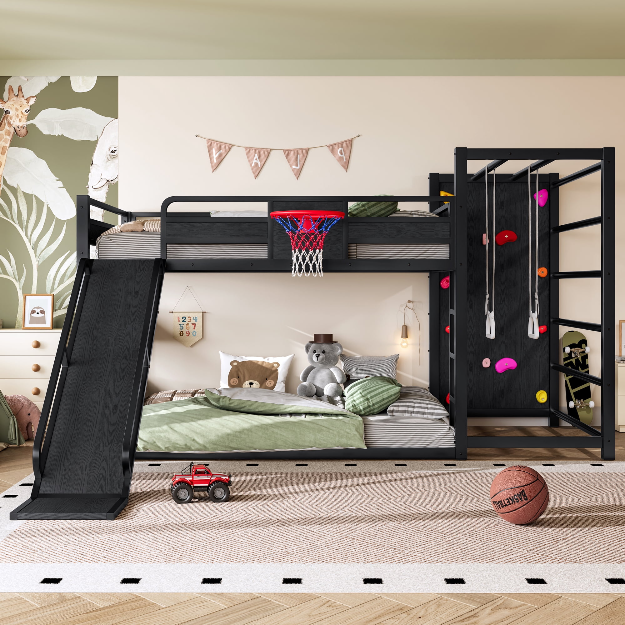 Full Size Loft Bed with Basketball Hoop, Pull-up Rings and Climbing Wall, Metal Loft Bedframe with Bulit-in Bookshelves, Kids Playhouse Bed with Slide for Boys Girls