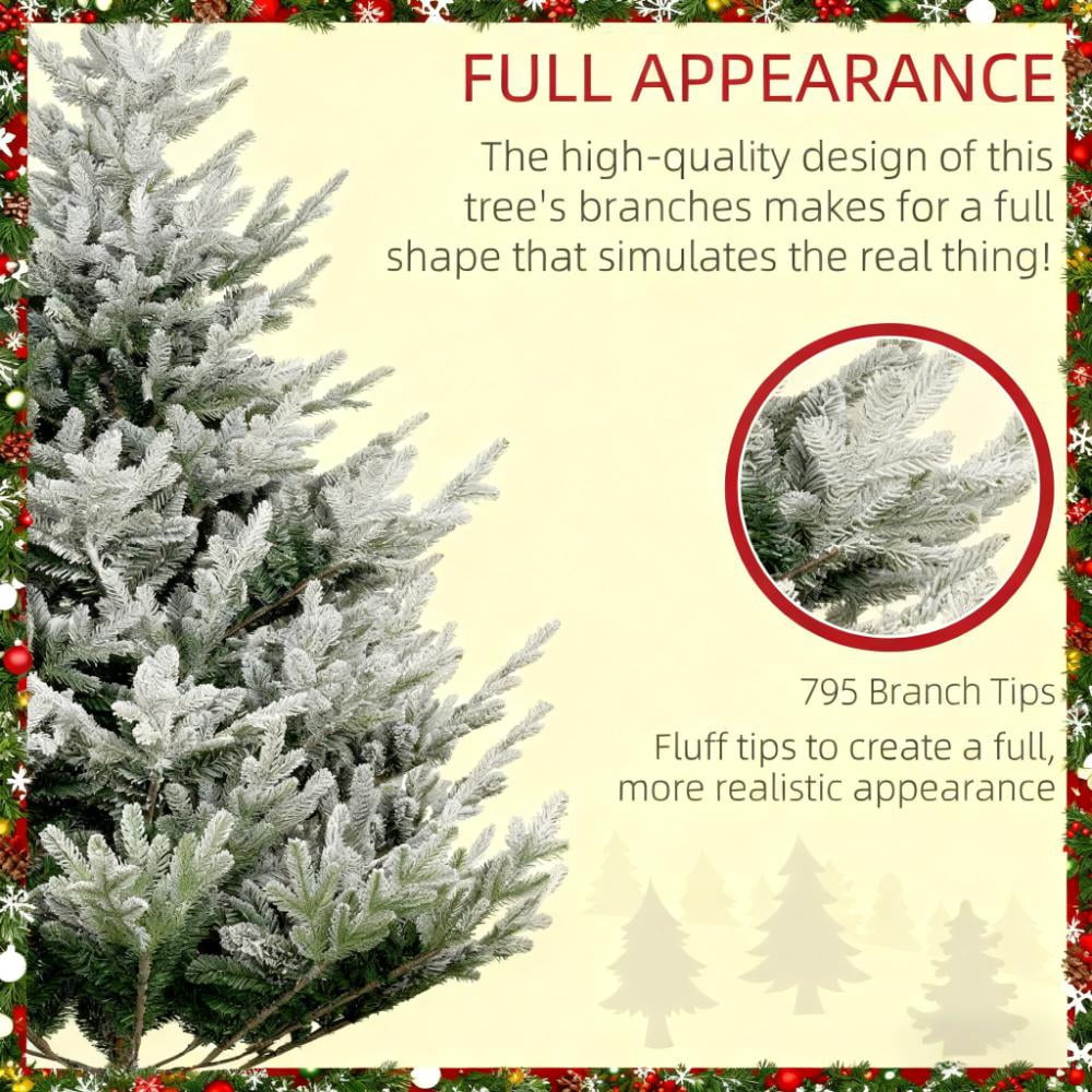 Flocked Hinged Xmas Tree, Artificial Christmas Tree with 795 Tips, Steel Base, Auto Open