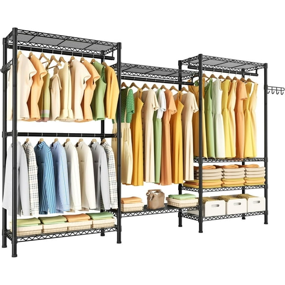 Heavy Duty Garment Rack Clothes Rack,Large Metal Closet Organizer System Storage Wardrobe,Freestanding Clothing Rack with 8 Adjustable Wire Shelves&4 Hang Rods,MaxLoad 800lbs