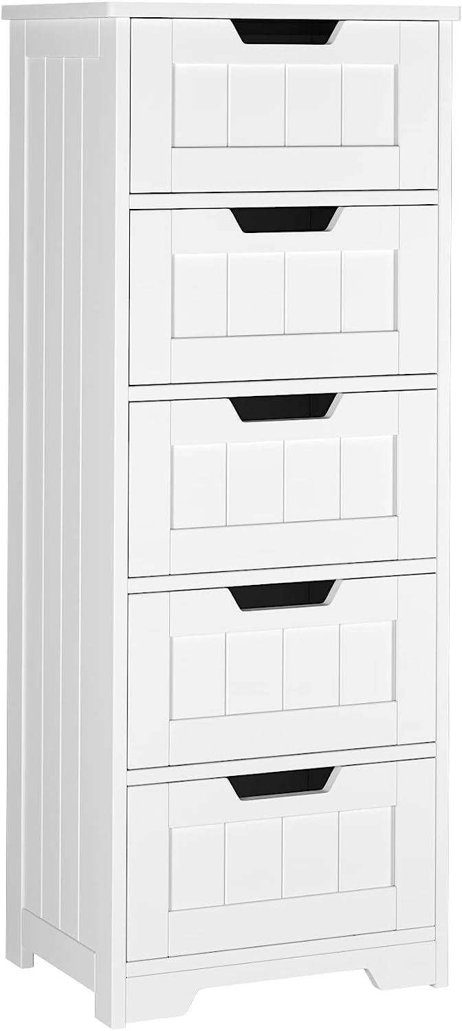 Bathroom Floor with 5 Drawer Dresser, White Tall Storage