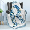 thumbnail image 4 of Letter R Soft Flannel Fleece Throw Blanket, Curly Blossoms Motifs Letter R Vintage Traditional Tiles Graphic, Cozy Plush for Indoor and Outdoor Use, 60" x 80", Blue Yellow Orange, by Ambesonne, 4 of 5