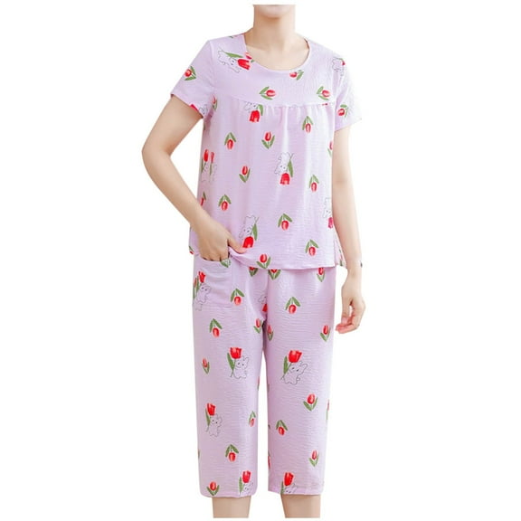 zbxnLI Plus Size Womens Pajama Sets Floral Short Sleeve Sleepwear Capri Pants Pjs Sets Loungewear Outfits