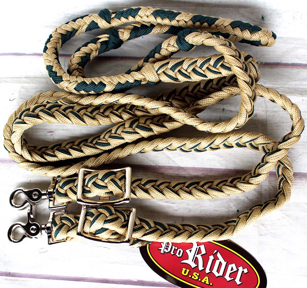 Horse Roping Knotted Tack Western Barrel Reins Nylon Braided Tan Green