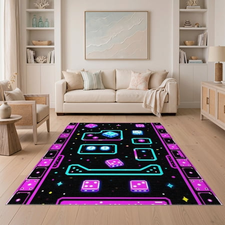 ODIKA 5 x7 Washable Area Rug Pink Gamer Arcade Dice Video Gamepad Boho Retro Pixel Joystick Design with Cyan Accents for Dining Room Under Table Home Office Non-Slip Chair-Friendly