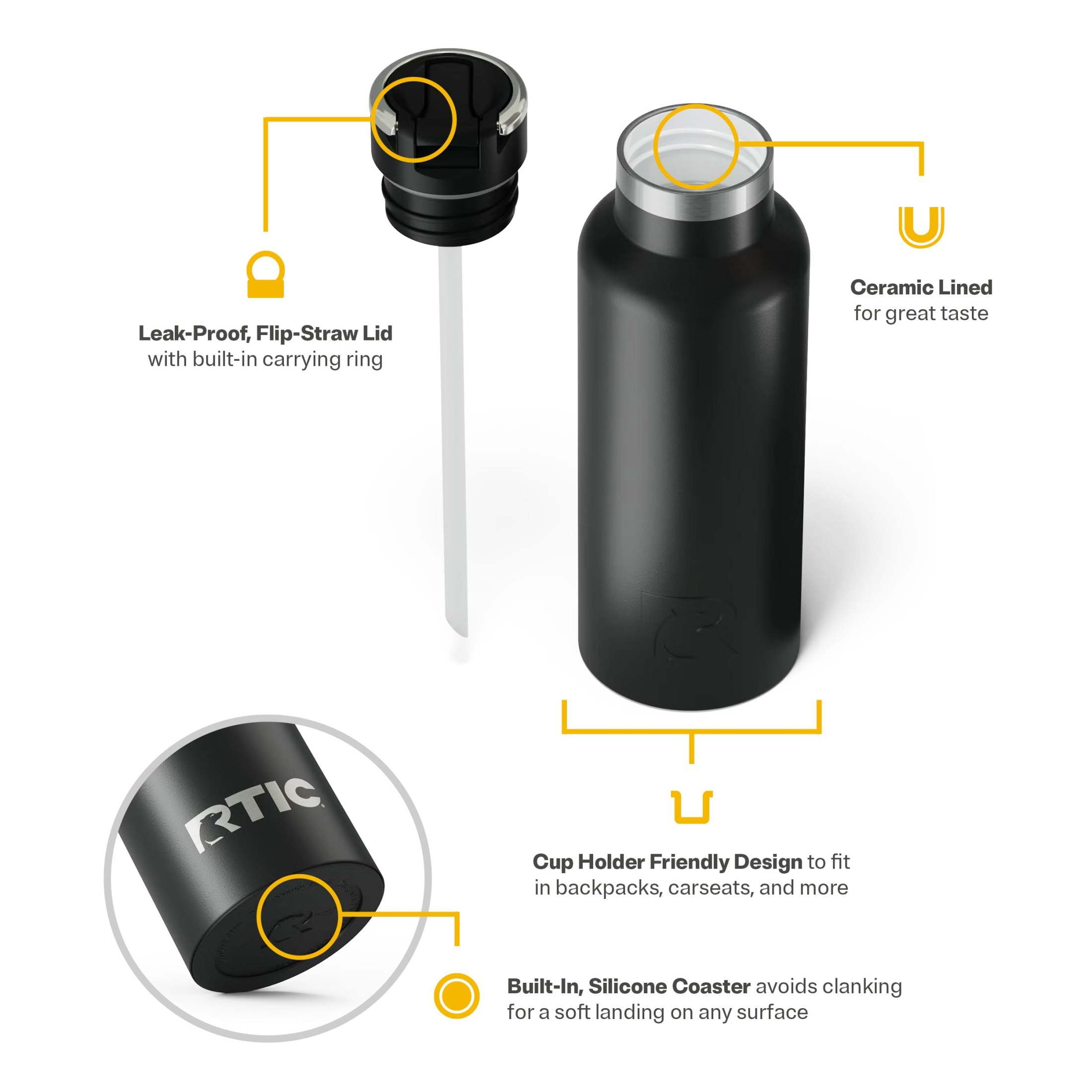 RTIC 16 oz Ceramic Lined Insulated Journey Water Bottle, Leak-Proof Lid, Black