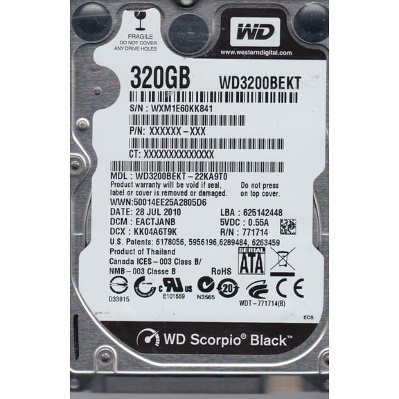 WD3200BEKT-22KA9T0, DCM EACTJANB, Western Digital 320GB SATA 2.5 Hard Drive