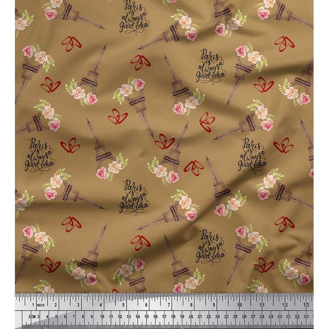 Soimoi Satin Silk Fabric Text,Floral & Eiffel Tower Architectural Decor Fabric Printed Yard 42 Inch Wide