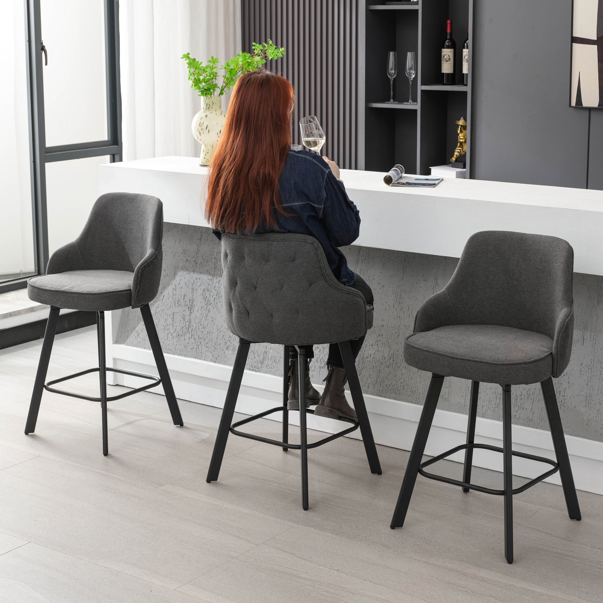 FIRAVOE Bar Stools Set of 3, 26" Swivel Barstools Counter Height Bar Stools with High Back, Linen Bar Chairs Counter Stools for Kitchen Island, Gray