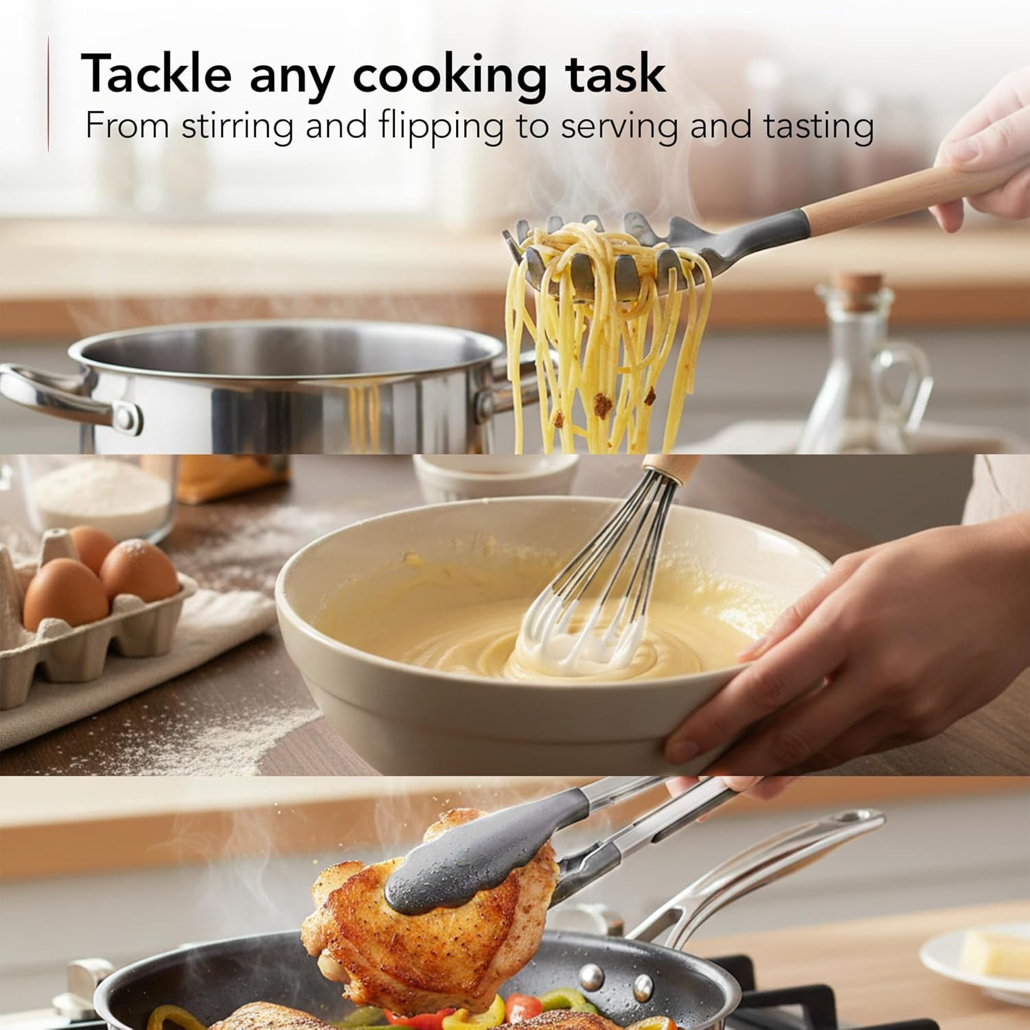 OVENTE Silicone Cooking Utensils Set, 17pcs, Heat Resistant, Grey SPS17G | Kitchen Tools and Gadgets for Nonstick Cookware, BPA-Free Spatula Set with Wooden Handle, Cup Holder, Oven Gloves & Hot Pads