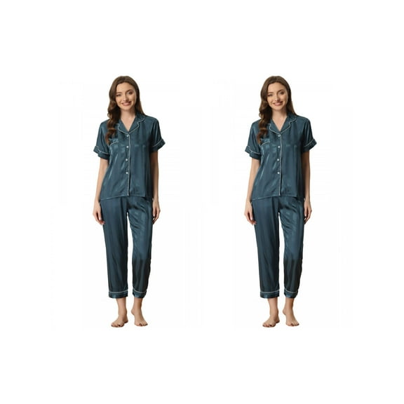 NOMADIC NOOK Women's Mother's Day 2 Pack Satin Button Down Short Sleeve Shirt with Long Pants 2 Pcs Pajama Set X-Small 2 Packs Blue