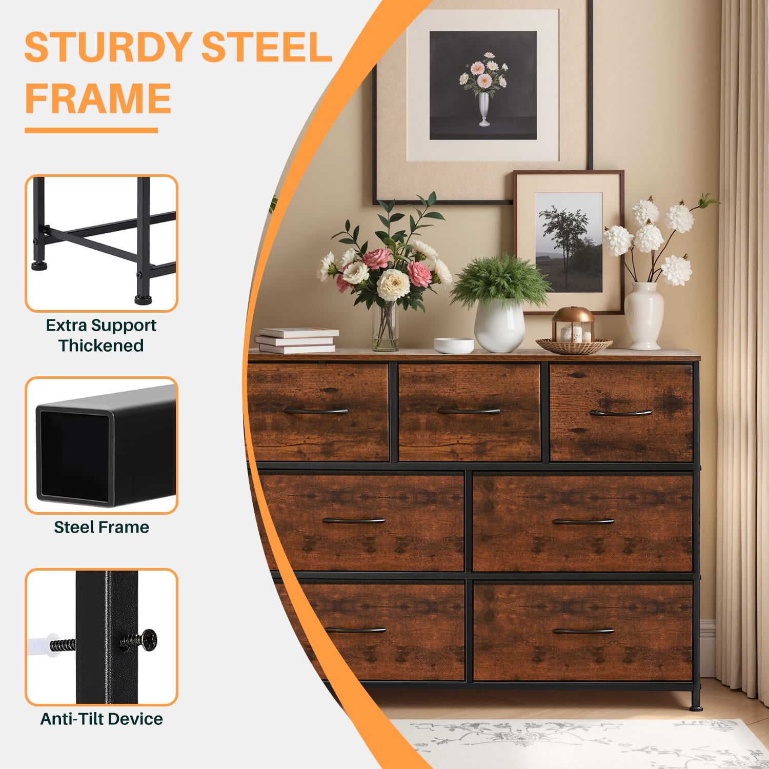 Simenmax 7 Drawer Dresser for Bedroom, Fabric Storage Dresser for Bedroom, Wood and Metal Dresser TV Stand for Living Room, Storage Tower with Bins, Chest of Drawers for Closet, Hallway,Brown