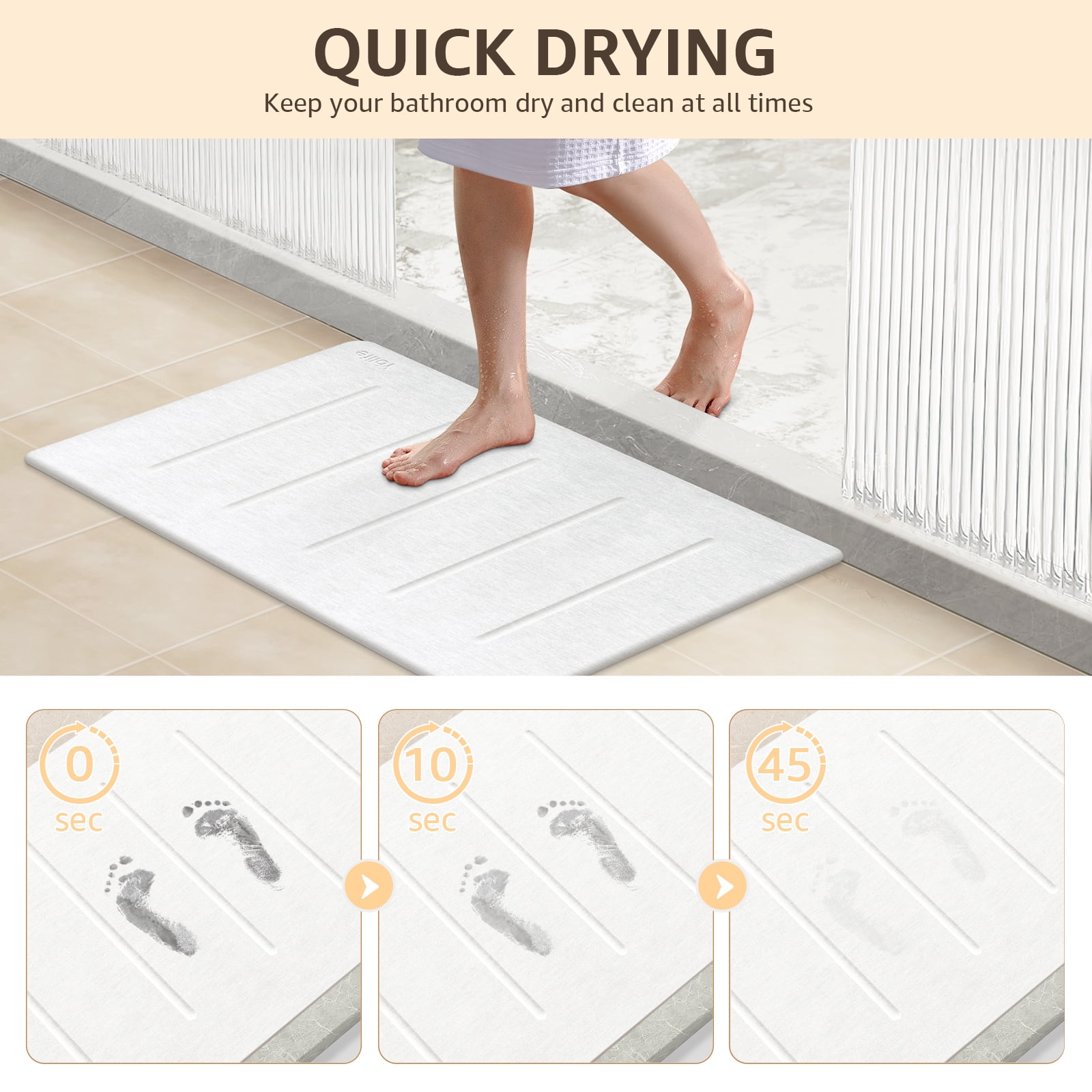 Yolife 32"x20" Diatomite Bath Mat, Super Absorbent Quick-Dry Bathroom Rug, Non-Slip Natural Diatomaceous Earth Mat for Shower, Kitchen, Entryway, Easy to Clean,White