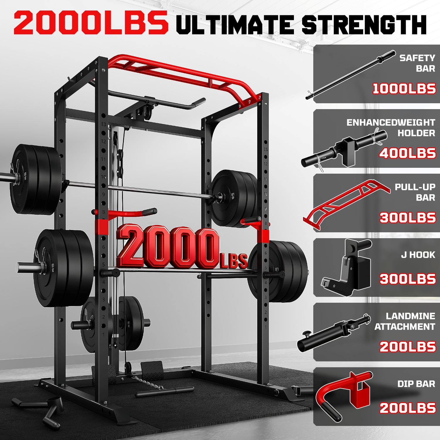 Forgemus Squat Rack for Home Gym,2000lbs Power Rack Squat Machine with LAT Pulldown and More Training Attachments,Weight Rack with Adjustable Pulley System for Full Body Workout,Black