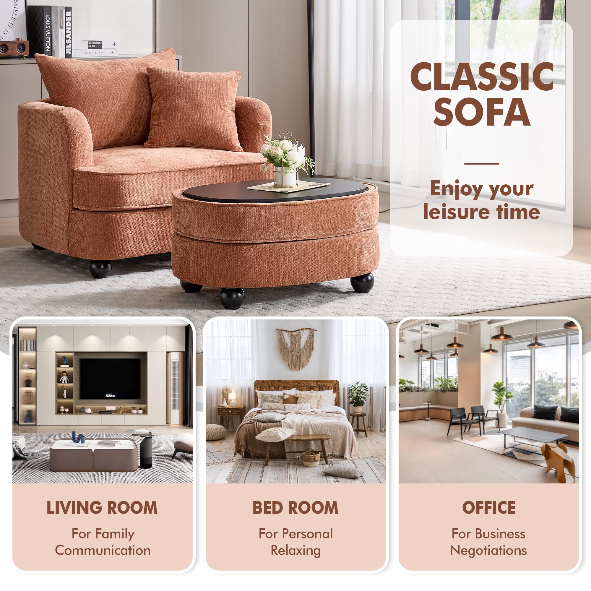 Aukfa Oversized Accent Chair with 2 in 1 Storage Ottoman,Sofa Chaise Chair Armchair for Living Room Bedroom,Orange