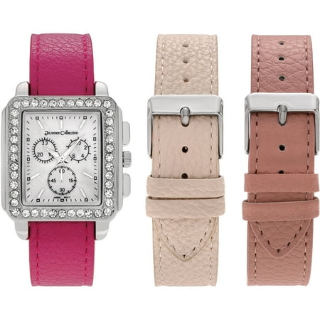 Journee Collection Women's Rhinestone Silvertone Faux Leather Square Face Interchangeable Strap Fashion Watch Set