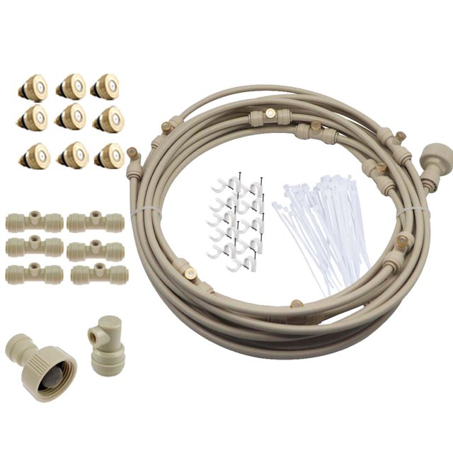 Kit de enfriamiento de niebla de rociador de agua para patio Misters Adaptador de latón Enfriador Línea de nebulización Kit de sistema de enfriamiento Beige 6m 45Piezas Macarena Línea de nebulización de ventilador