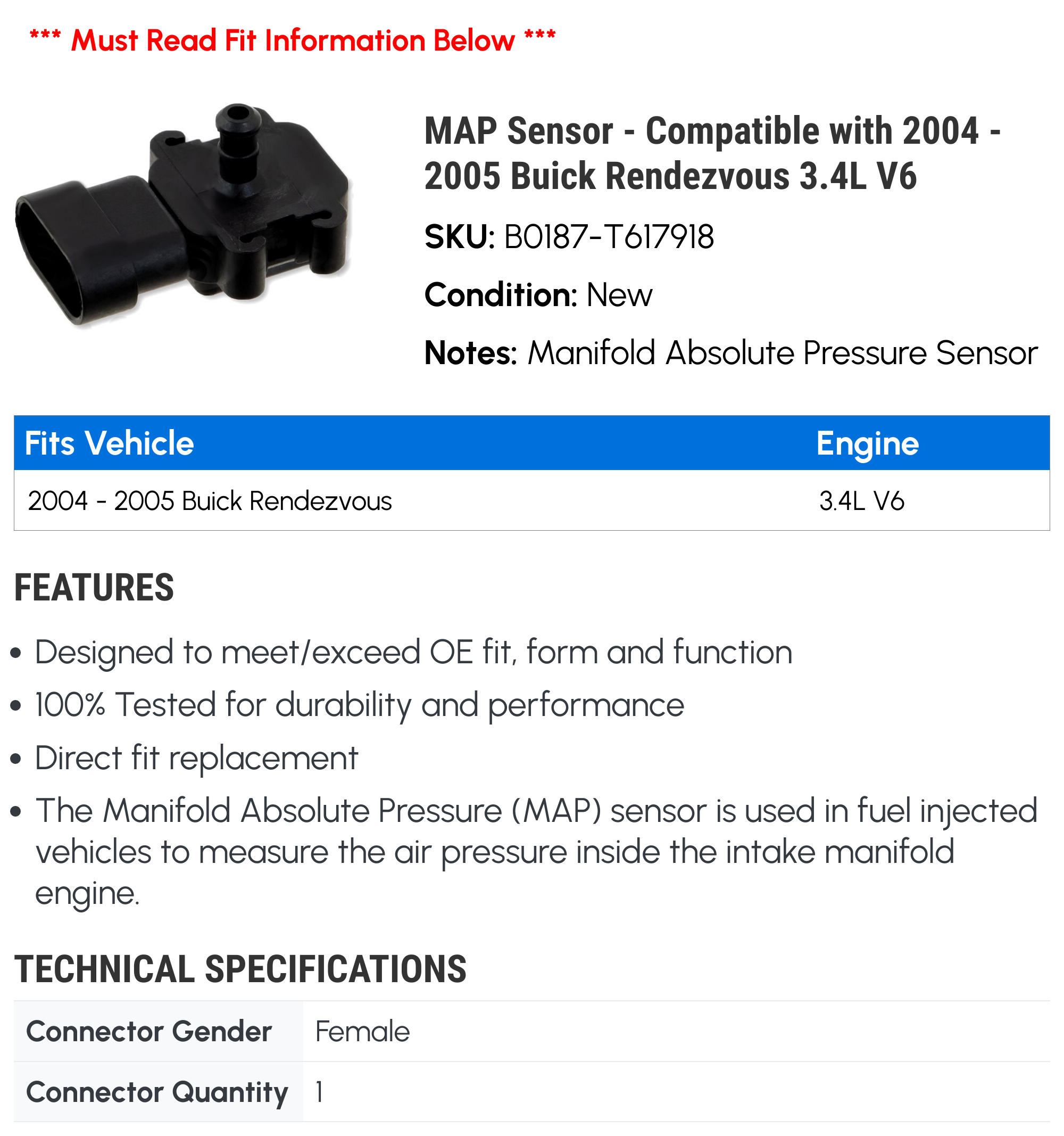 MAP Sensor - Compatible with 2004 - 2005 Buick Rendezvous 3.4L V6
