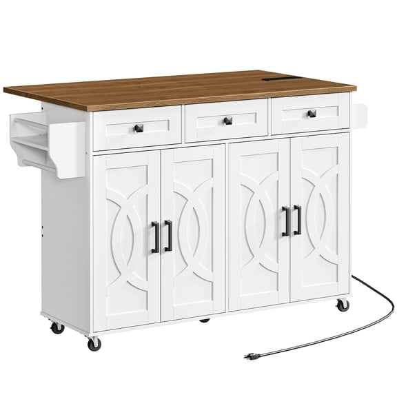 Kitchen Island with Drop Leaf, Rolling Kitchen Island with Storage and Power Outlet, Kitchen Cart with 3 Drawers and Adjustable Shelves, Towel and Spice Rack, White and Walnut