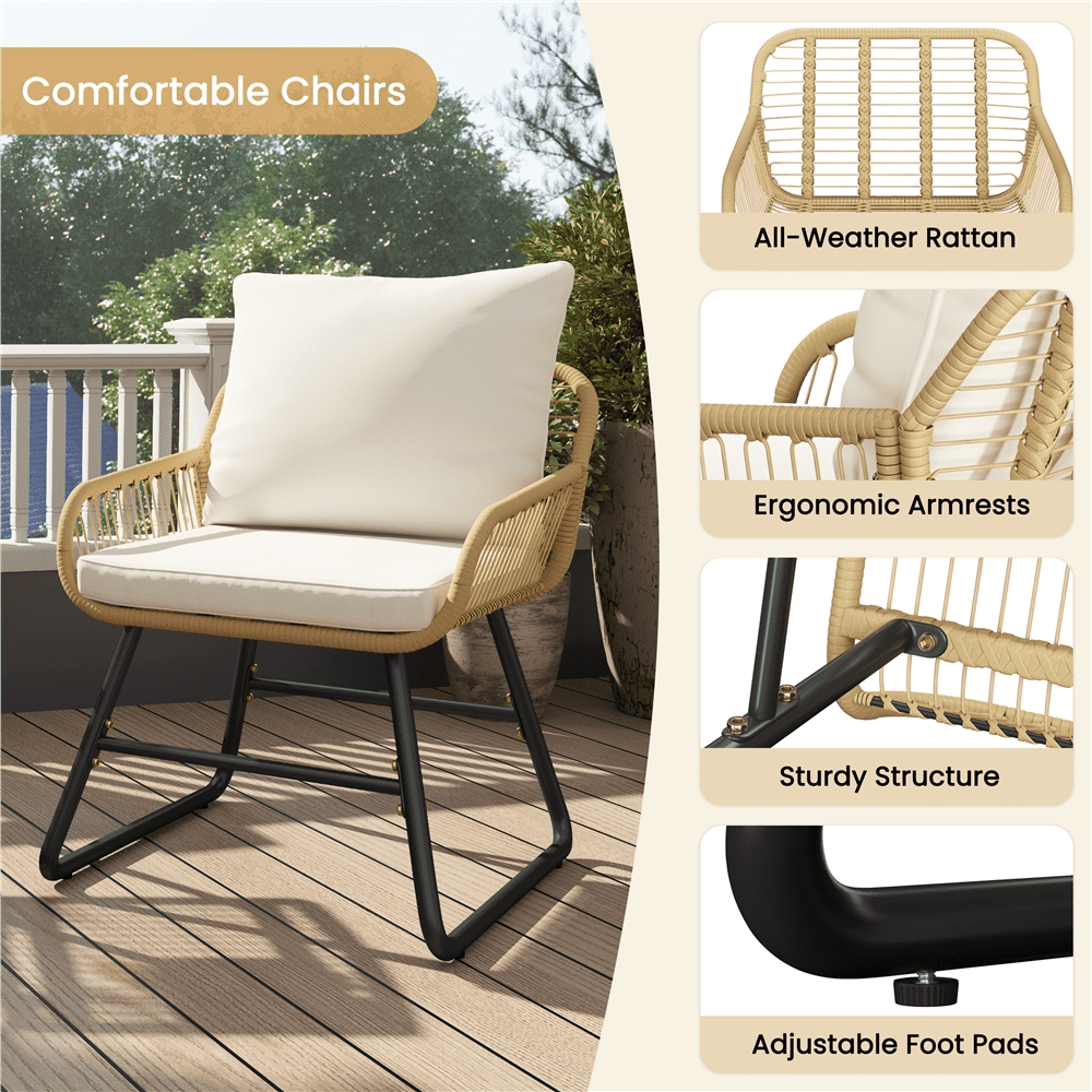 Renwick 3-Piece Patio Bistro Set with Wicker Rattan Chairs and Table, Tan/Cream