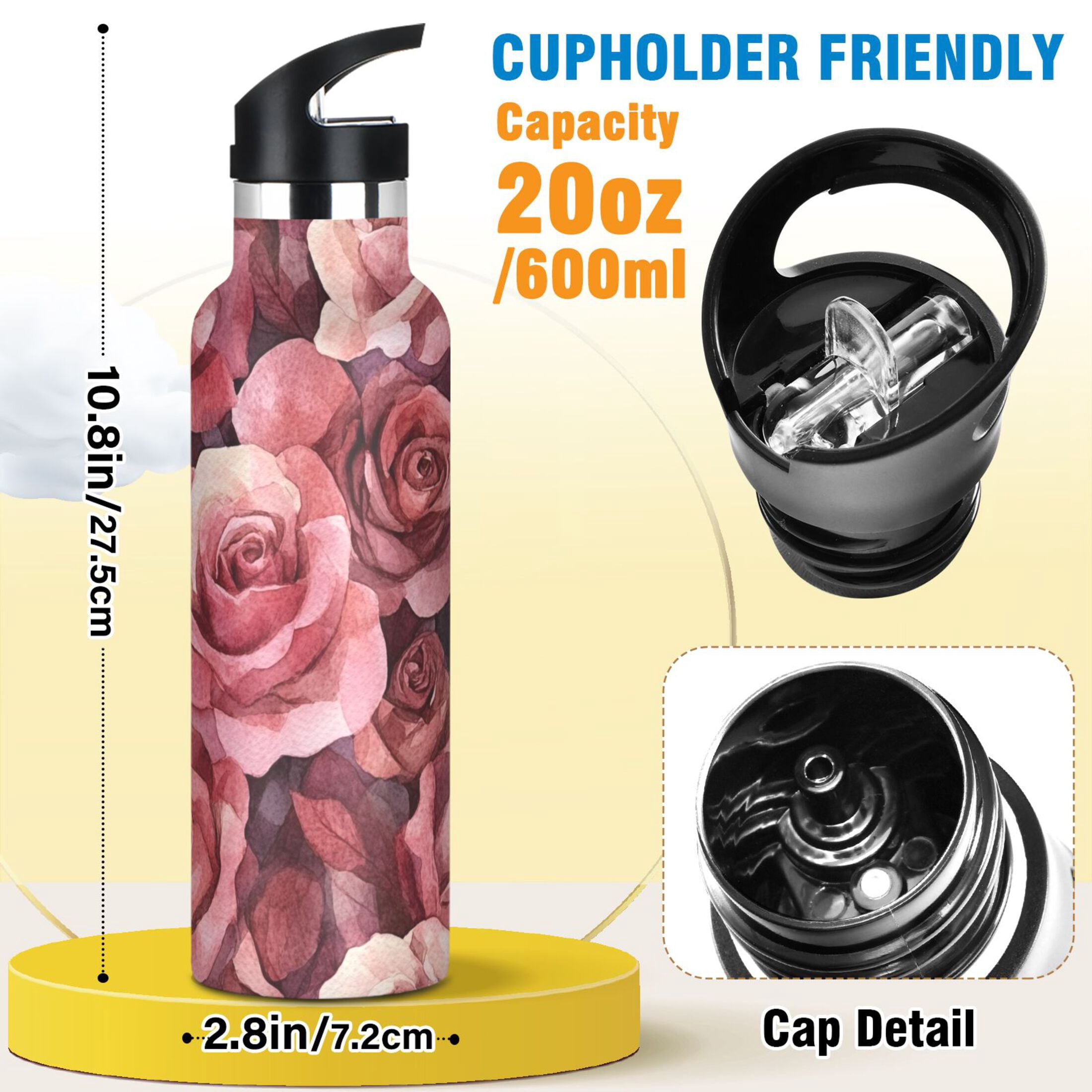 600ML Stainless Steel Insulated Cup Sports Water Bottle Portable Thermos Cup Water Glasses Insulated Tumblers Convenient and Durable Cartoon Maroon Roses
