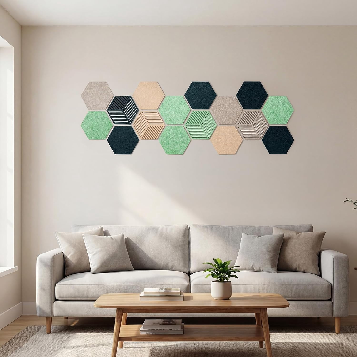 FOCHIER F 16PCS Hexagon Cork Boards for Walls Decor,7X 6 inch Felt Bulletin Board Tiles Sets for Home Office Class Kitchen with 50 Push Pins,Self Adhesive DIY Pin Board for Photos Memos (Green-16PCS)