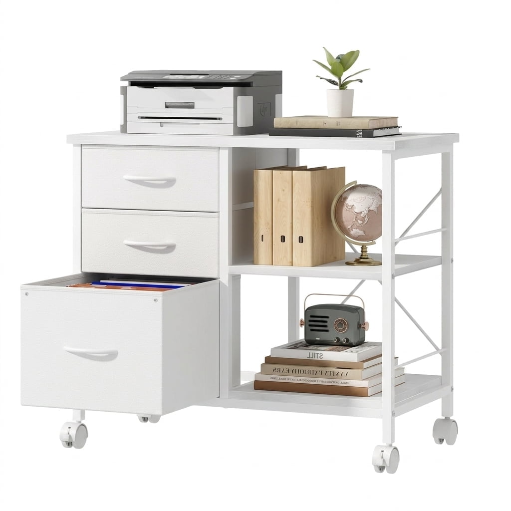 Casabay 3-Tier Rolling Mobile File Cabinet Wheeled Printer Stand with Storage Drawers and Back Support Bar Heavy Duty Storage Cart for Home Office White
