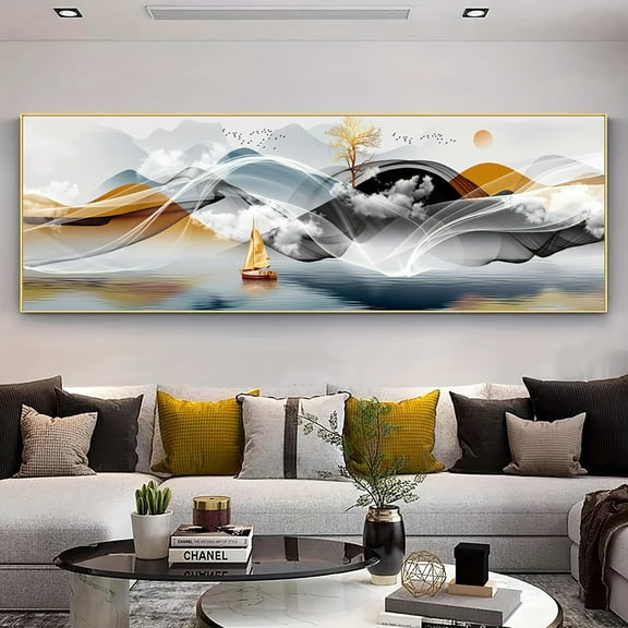 Golden Tree and Boat Fantasy Landscape Canvas Art - Abstract Design, Waterproof Wall Decoration, Suitable for Living Room, Bedroom, Office - Perfect Birthday Gift, Frameless