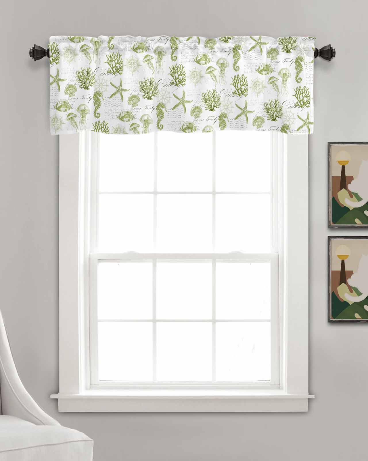 Sage Green Coastal Kitchen Valances for Windows Farmhouse Linen Window Valance Curtain for Living Room Window Treatment Starfish Jellyfish Fish Coral Shells Valance Rod Pocket Topper, 60 x 18 Inch