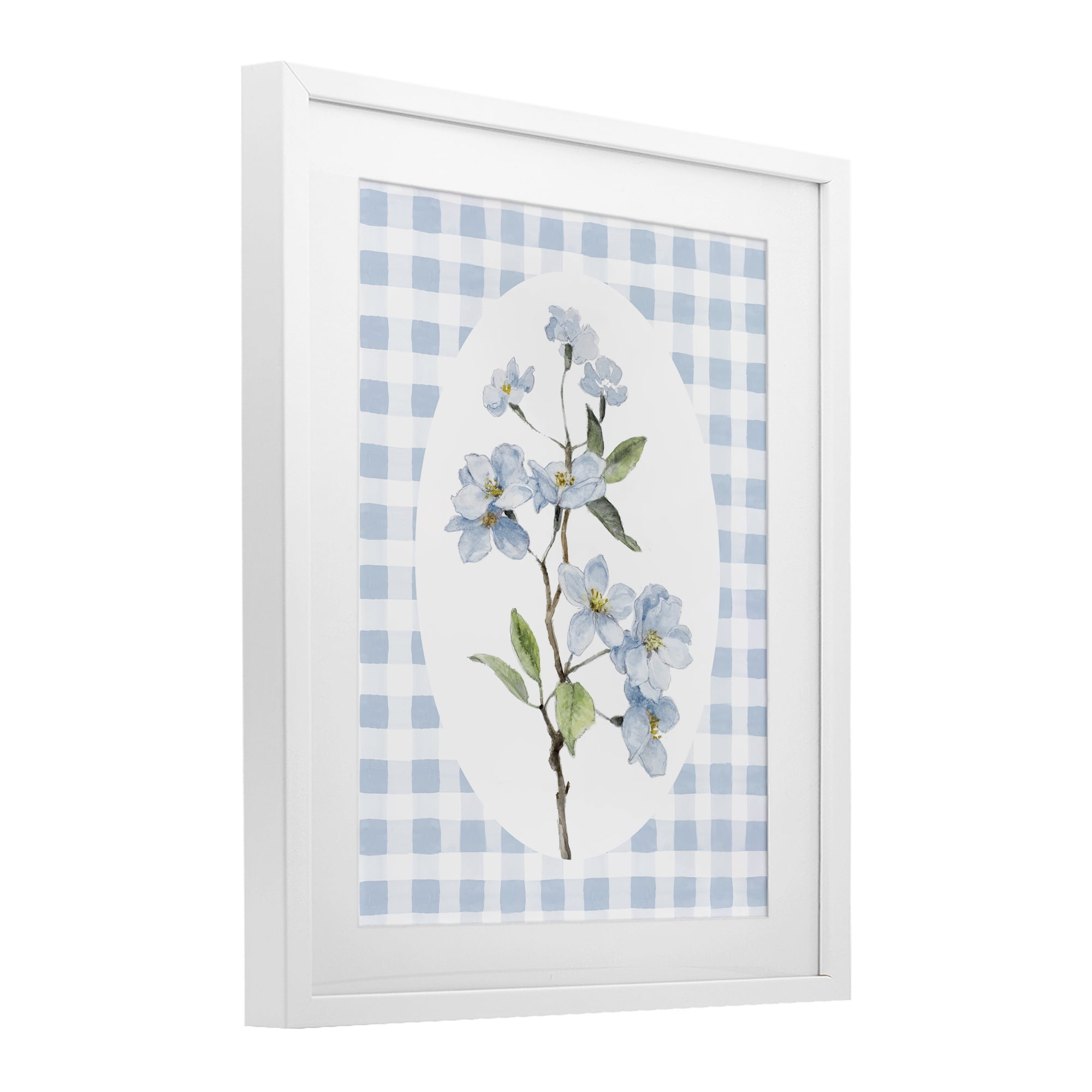Stupell Industries Blooms on Blue Checkers White Framed Print Under Glass, design by Lanie Loreth