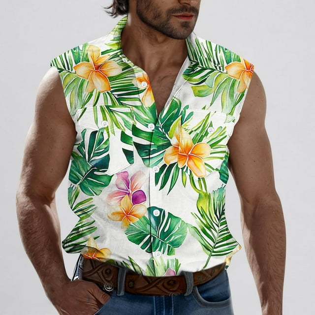 Sentmoon Vêtements pour Hommes et Débardeurs d'Été Sans Manches à Col Rabattu pour Hommes avec Imprimé avec Poches Compression Ample Grande Taille Gilets pour Hommes Vêtements d'Extérieur Hawaii pour Mode Urbaine Décontracté Vert TTTG