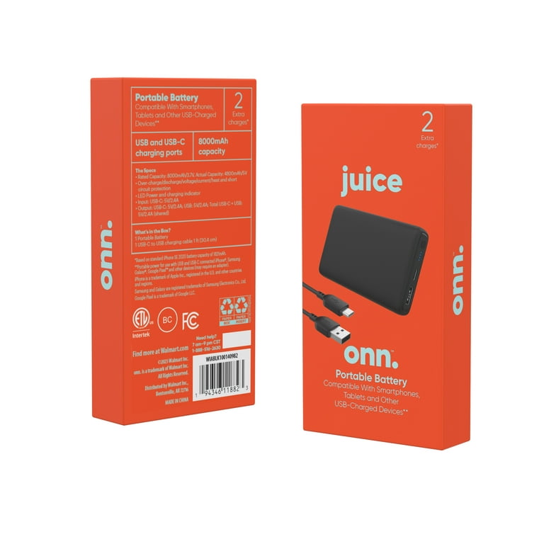 onn. 8000mAh Portable Battery, Power Bank with USB A to C Charging Cable, LED Indicator, Black