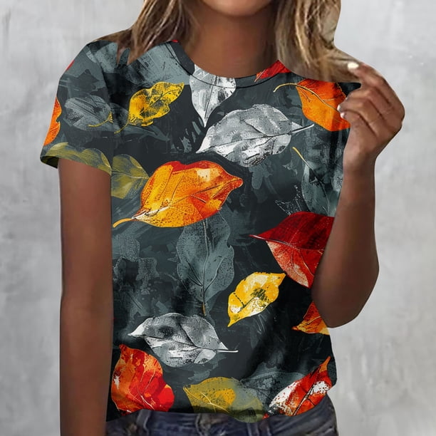 Fiudx Camisas para Mujer Blusas con Cuello Redondo y Manga Corta Estampadas para Mujer