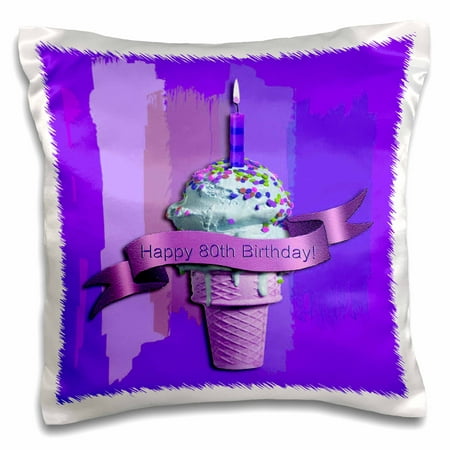 3dRose Happy 80th Birthday, Ice Cream Cone on Abstract, Purple - Pillow Case, 16 by