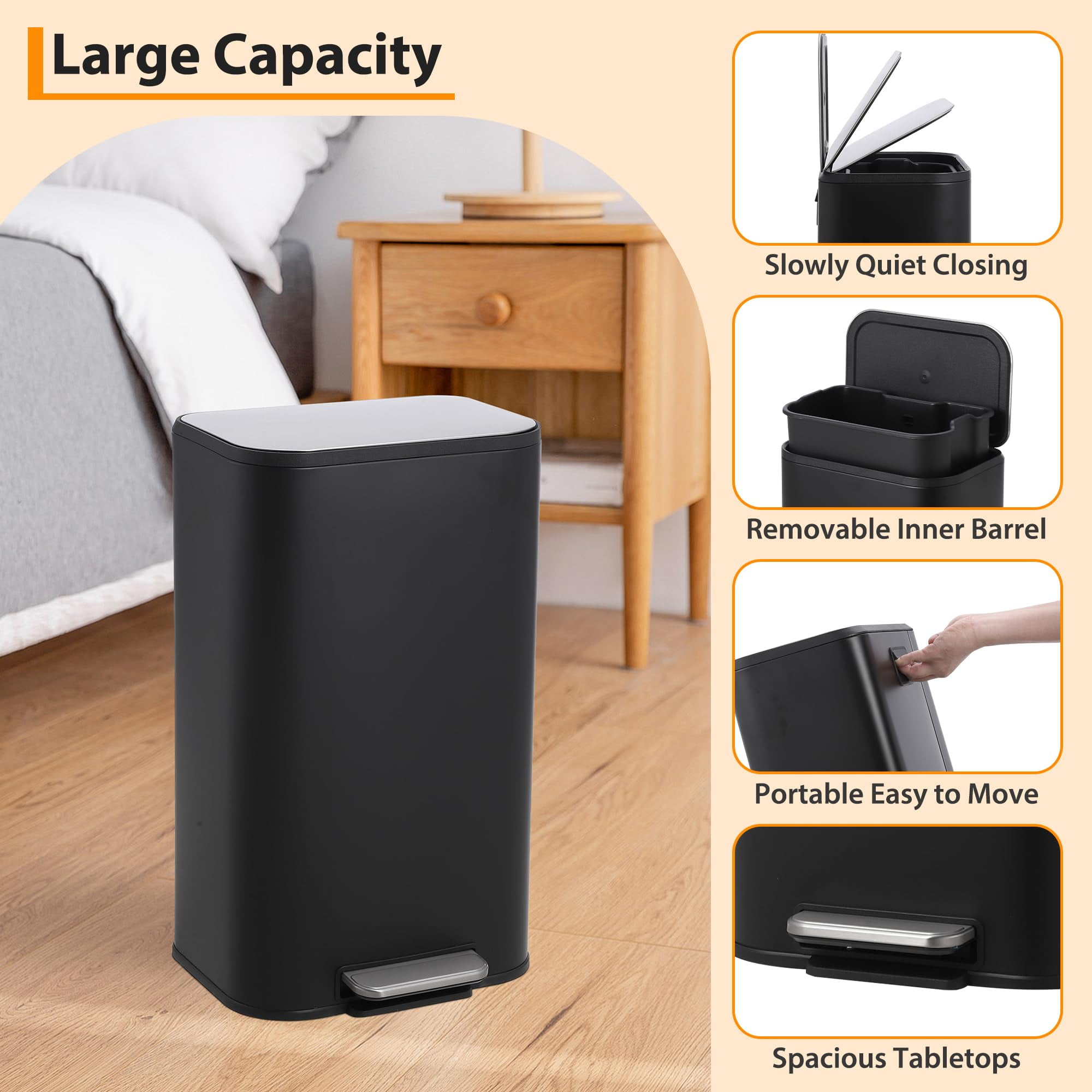 TROPOW Kitchen Trash Can,Stainless Steel Garbage Can with Lid, Step-On Pedal and Inner Bucket, Rectangular Trash Can for Home Kitchen Office Living Room