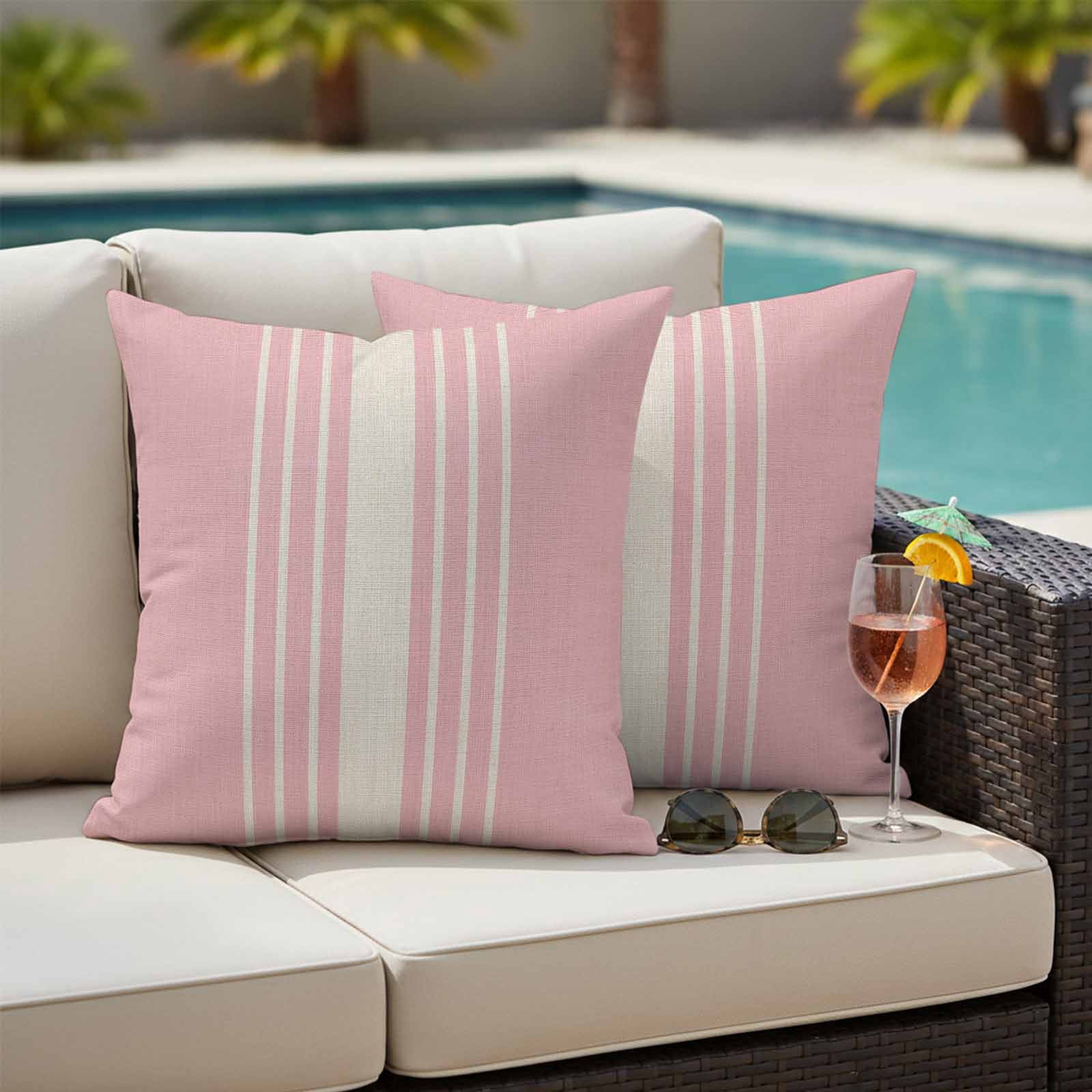 Pink Beige Striped Outdoor Waterproof Pillow Covers, Modern Farmhouse Retro Lines Decorative Square Throw Pillowcase Sofa Cushion Sham for Patio/Couch/Chair, 26"x26" 2 Pack