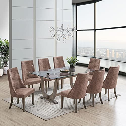 Kings Brand Furniture - Elmer 9 Piece Glass Top Dining Set, Table & 8 Chairs, Gray/Dark Brown