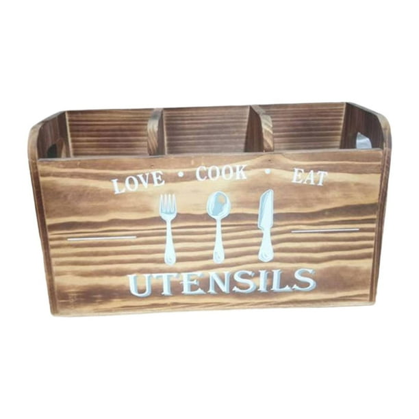 Organizador de utensilios de cocina con 3 compartimentos de madera Marrón oscuro