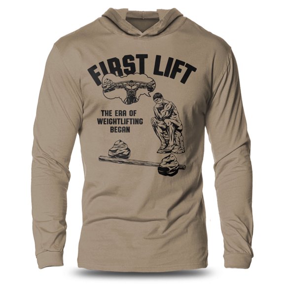 GYMISH First Lift Lightweight Long Sleeve Hooded T-Shirt for Men – Funny Workout Hoodie, Khaki, Small