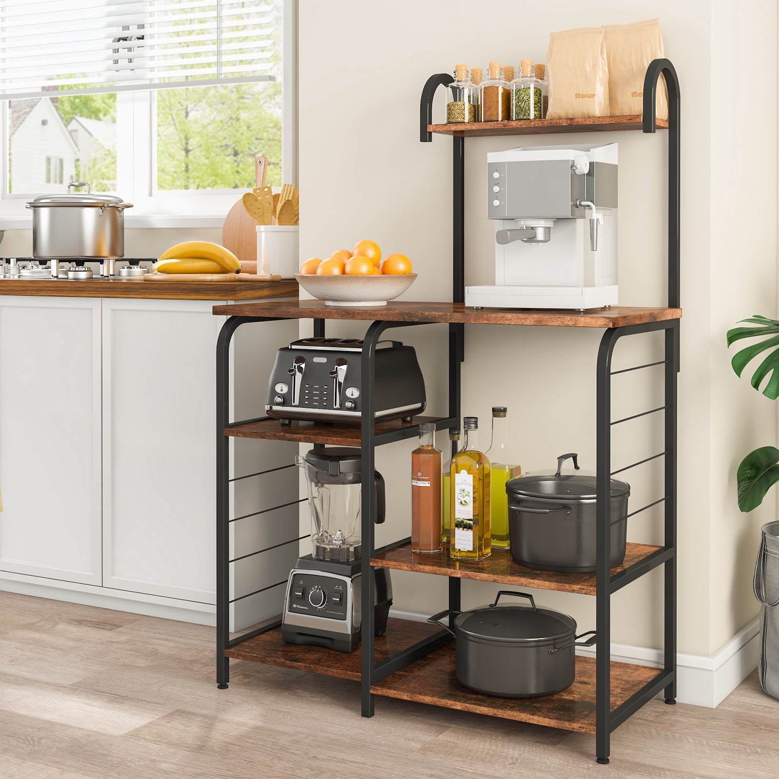 Dinaza Kitchen Bakers Rack Microwave Stand with storage Coffee Bar with Wire Basket Kitchen Organizer Shelf for Spices Utensils Foods Rustic Brown