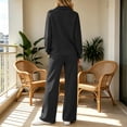 thumbnail image 4 of Njagoc3 Women's Collared V Neck Lounge Set Long Sleeve Top and Drawstring Pants with Pockets Casual 2 Piece Sleepwear, 4 of 6