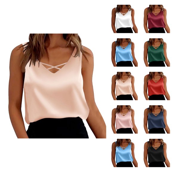 Satin Tank Tops for Women Dressy Casual V Neck Smooth Silk Sleeveless Work Shirt Going out Tops Summer Outfits