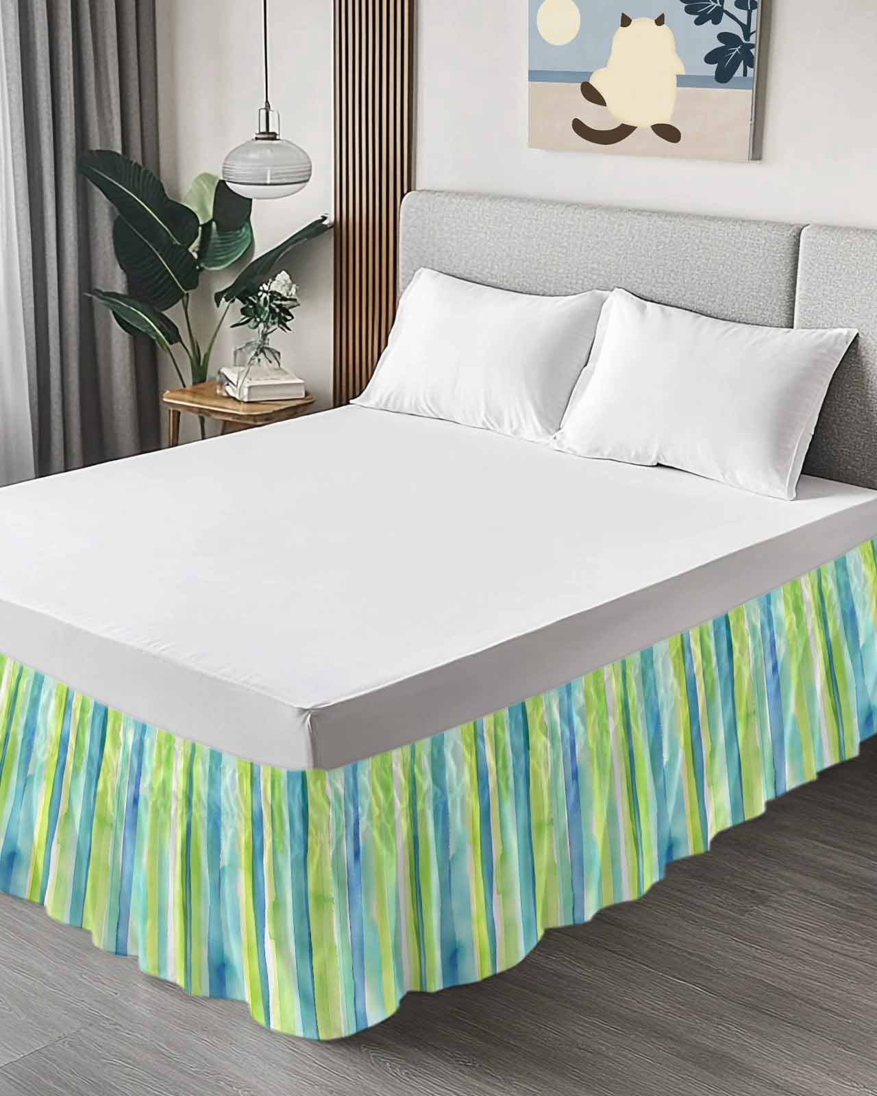 Green Yellow Striped Bed Skirt Queen Size 18" Drop Abstract Art Watercolor Ombre Ruffled Wrap Around Bed Skirts Adjustable Elastic Bedskirt Dust Ruffle for Queen Size Bed