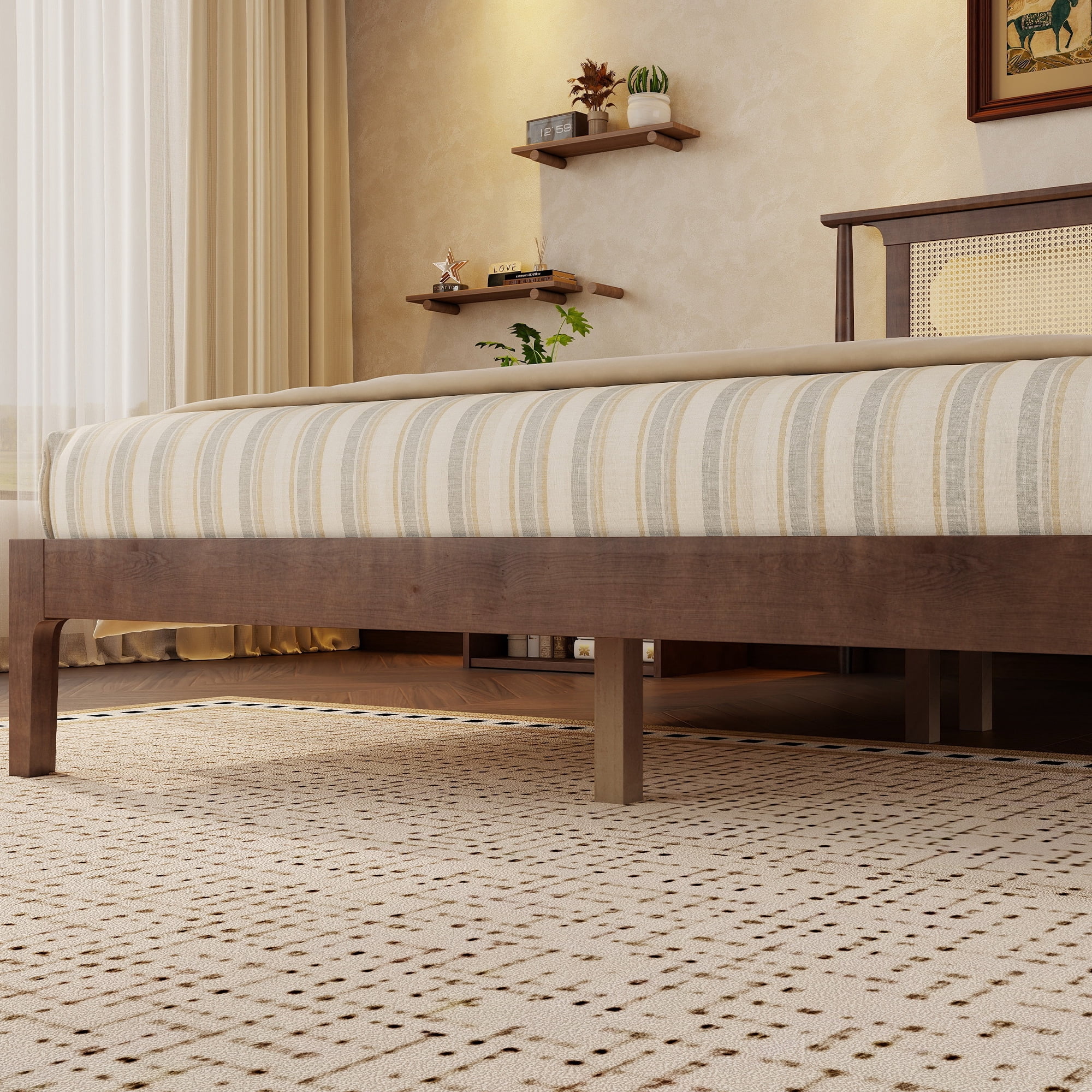 Mintazer Vintage Queen Size Pinewood Platform Bed Frame with Rattan Headboard for Bedroom,No Box Spring Needed, Walnut