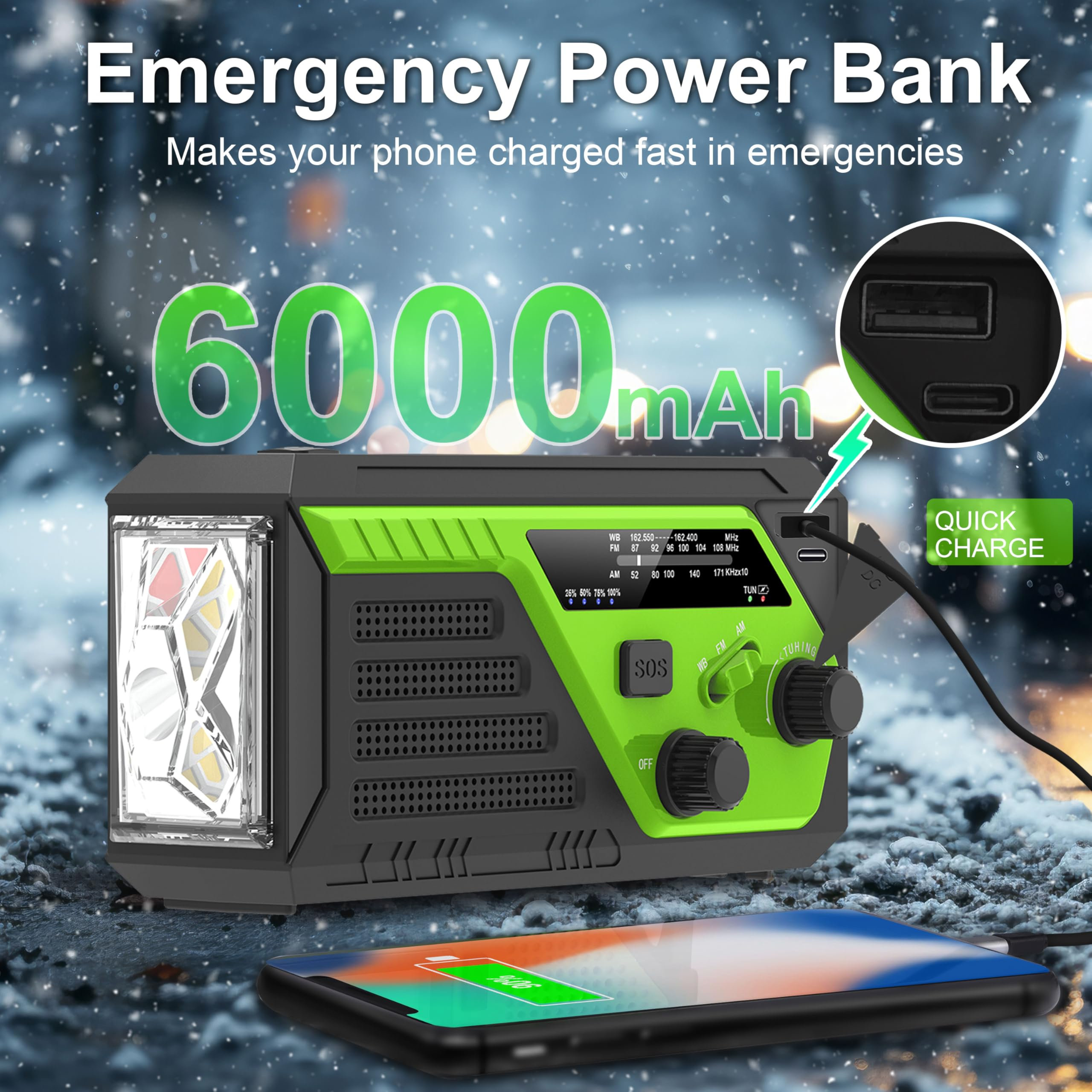 22200mWh Hand Crank Emergency Radio, AM/FM/NOAA Weather Radio, Hand Crank Radio with 4 Built-in Cable, Emergency Weather Radio with Quickly Phone Charger, SOS Alarm for Emergency Winter Storm