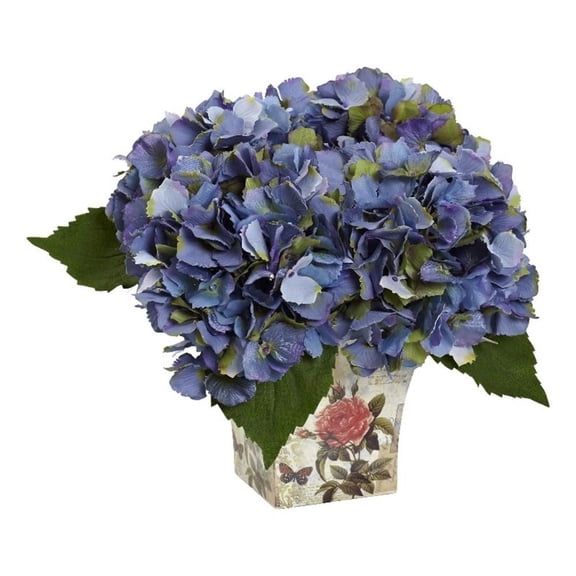 Nearly Natural Hydrangea Artificial Flower Arrangement with Floral Planter, Blue