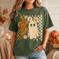 thumbnail image 4 of Floral Ghost Halloween T-Shirt, Retro Daisy Checker Graphic Tee, Comfort Colors Spooky Season Fall Apparel Gift for Women - Moss, 3XL, 4 of 5