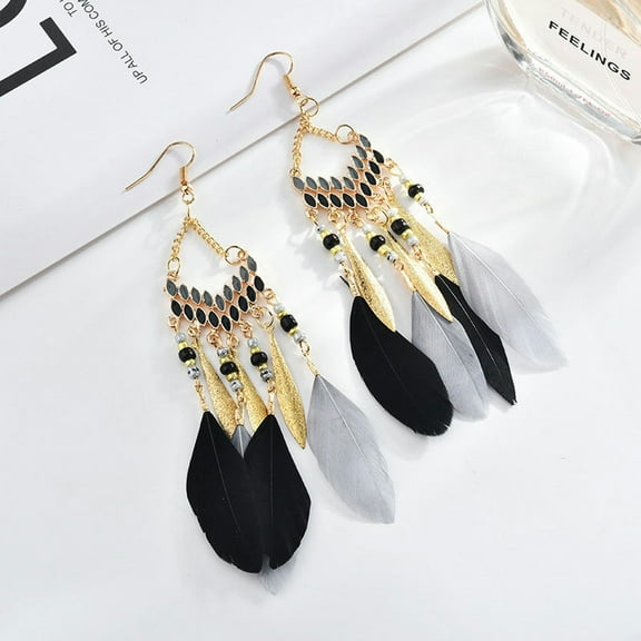 K-KED Women's Feather Earrings Bohemian Ethnic Style Earhook Retro Ornament-Balck Gray